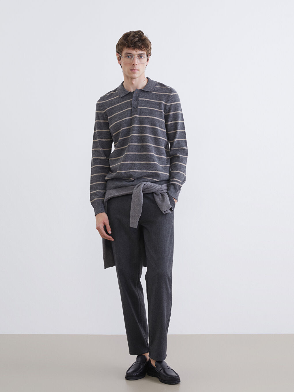 Gri Polo Yaka Çizgili Erkek Triko Kazak-1