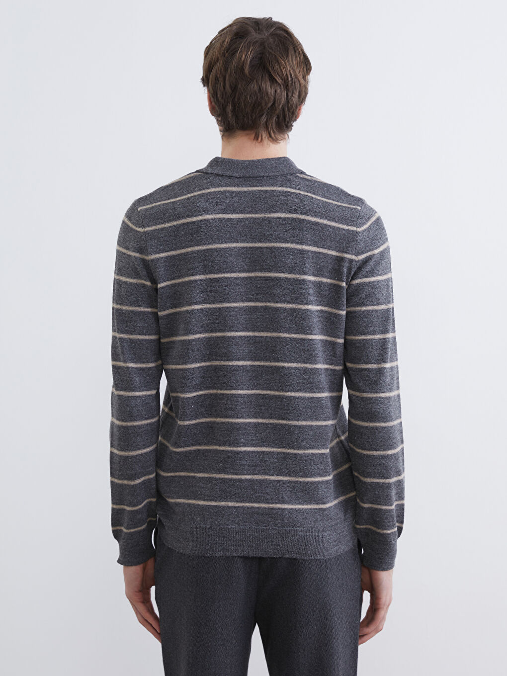 Gri Polo Yaka Çizgili Erkek Triko Kazak-3