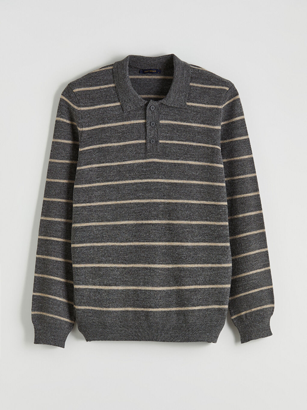 Gri Polo Yaka Çizgili Erkek Triko Kazak-4