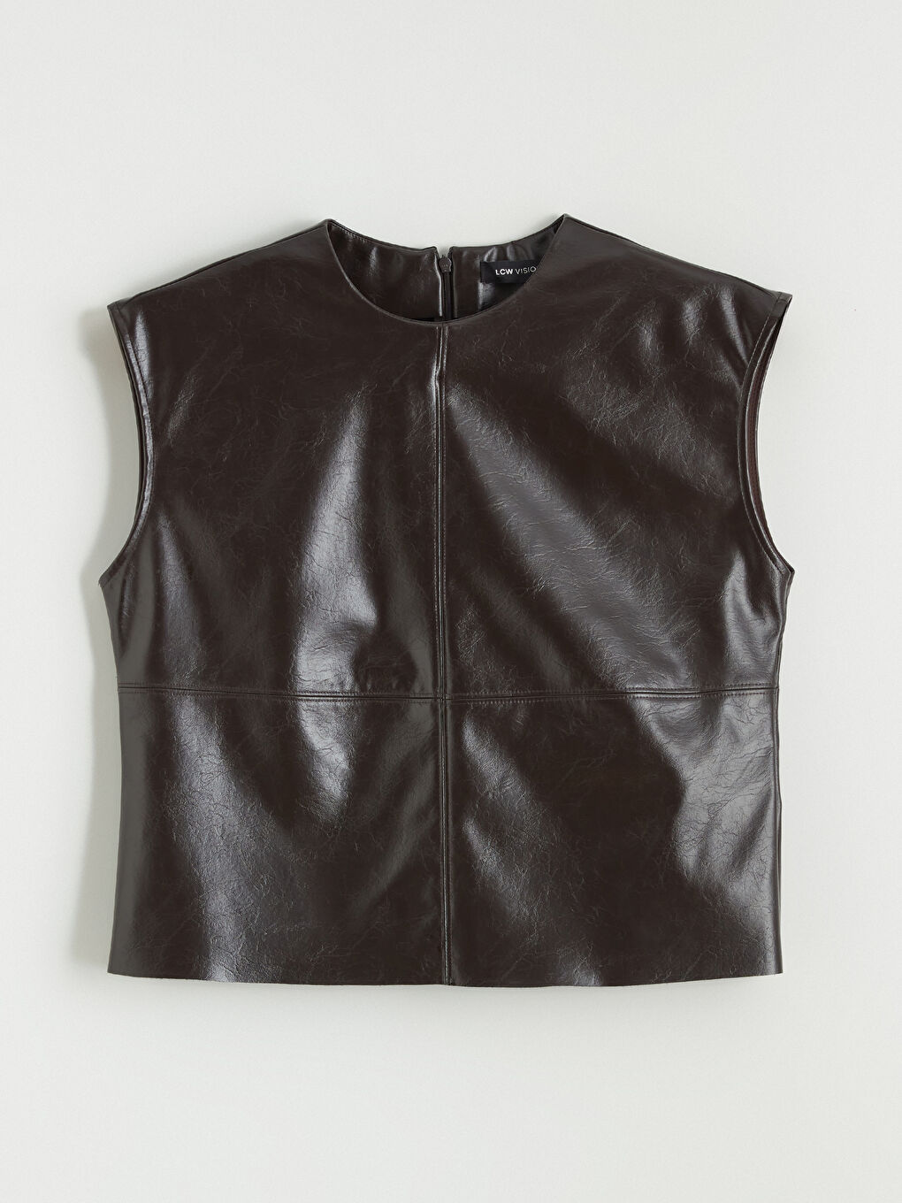 Kahverengi Bisiklet Yaka Deri Görünümlü Bluz-4