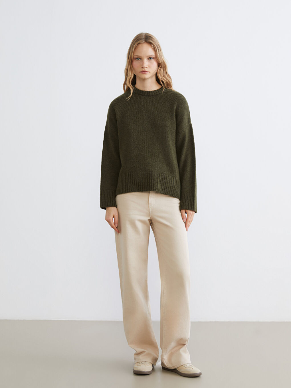 Haki Bisiklet Yaka Kadın Triko Kazak-1