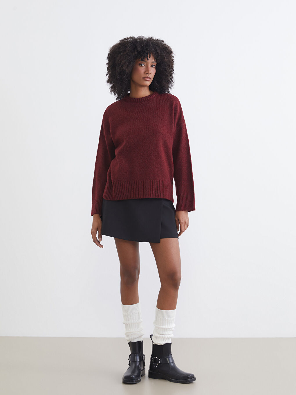 Bordo Bisiklet Yaka Kadın Triko Kazak-1