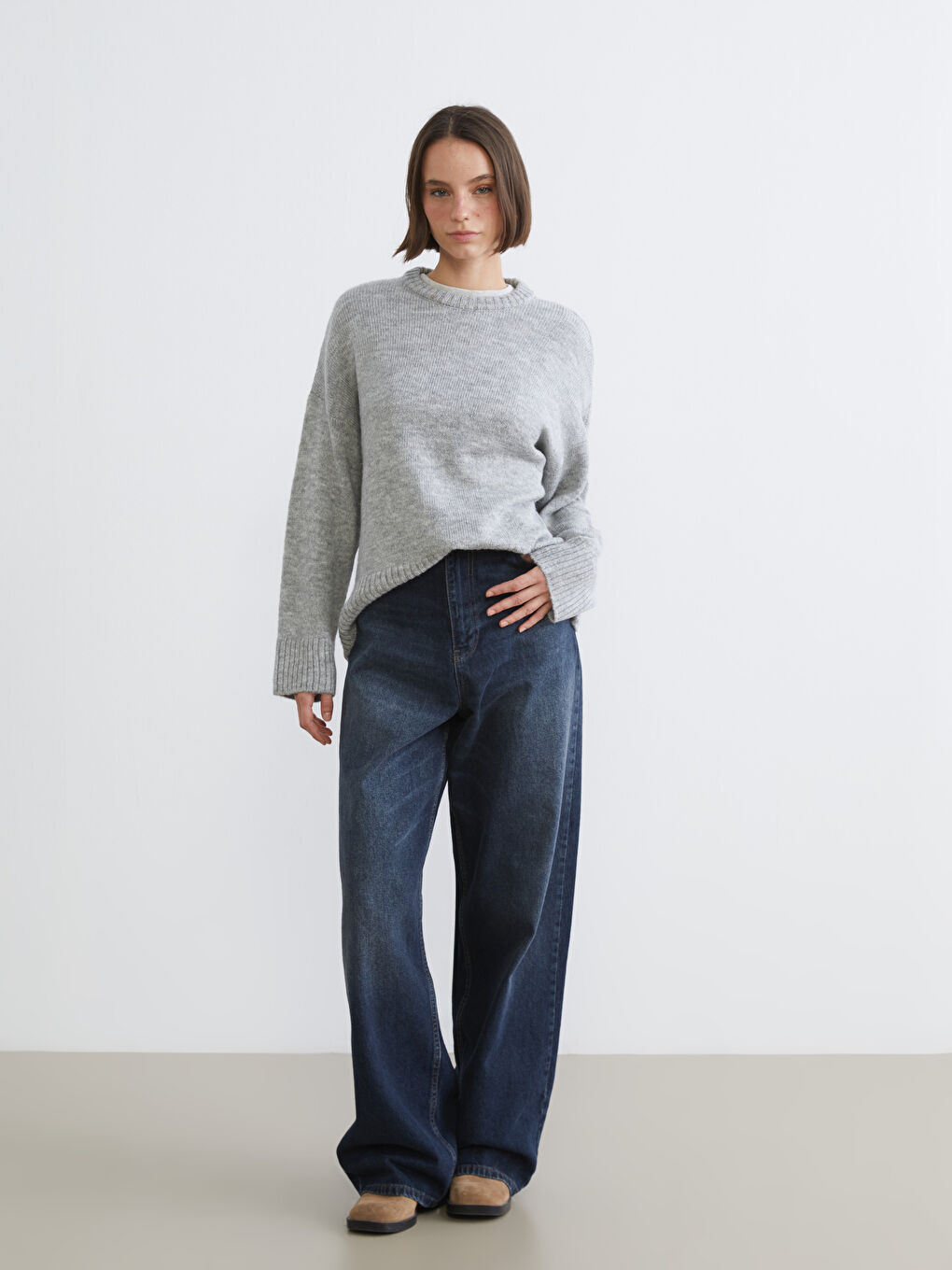 Gri Bisiklet Yaka Kadın Triko Kazak-1