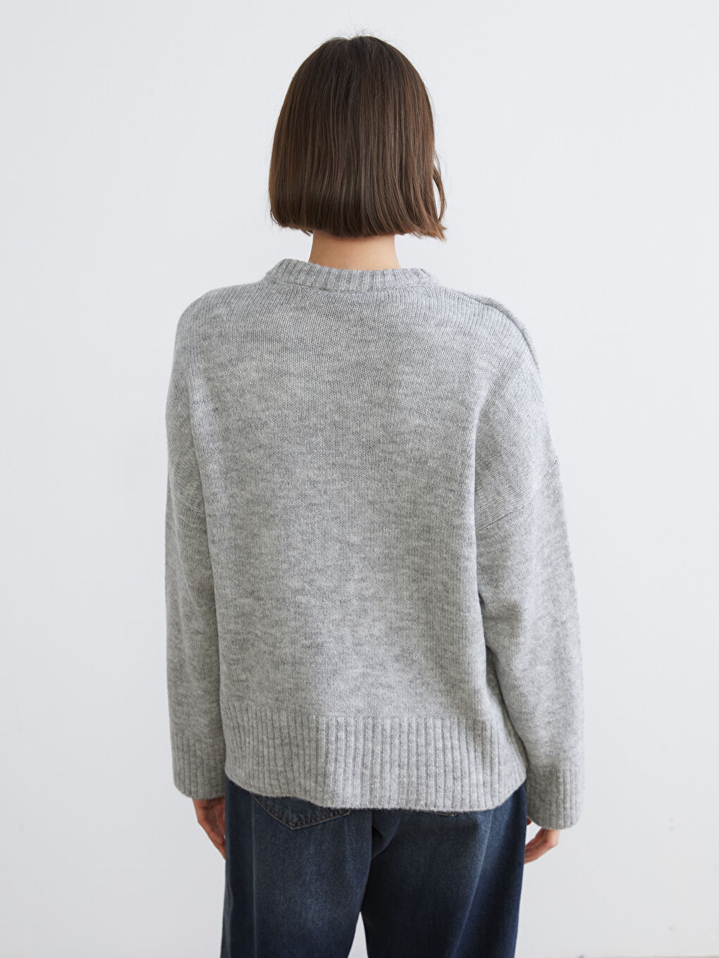 Gri Bisiklet Yaka Kadın Triko Kazak-3