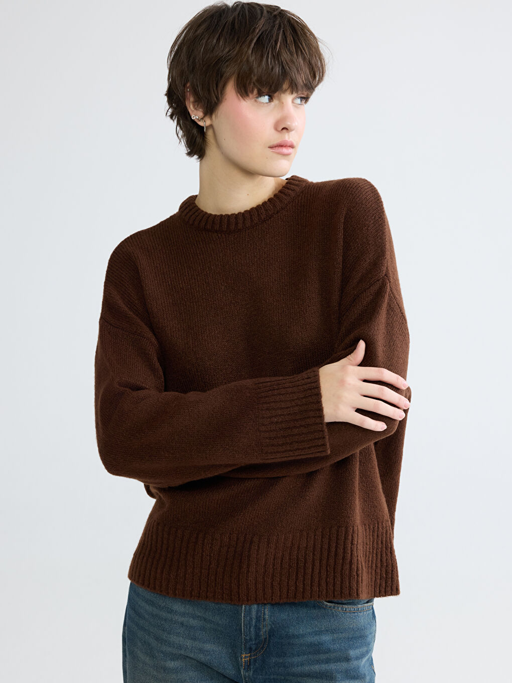 Kahverengi Bisiklet Yaka Kadın Triko Kazak