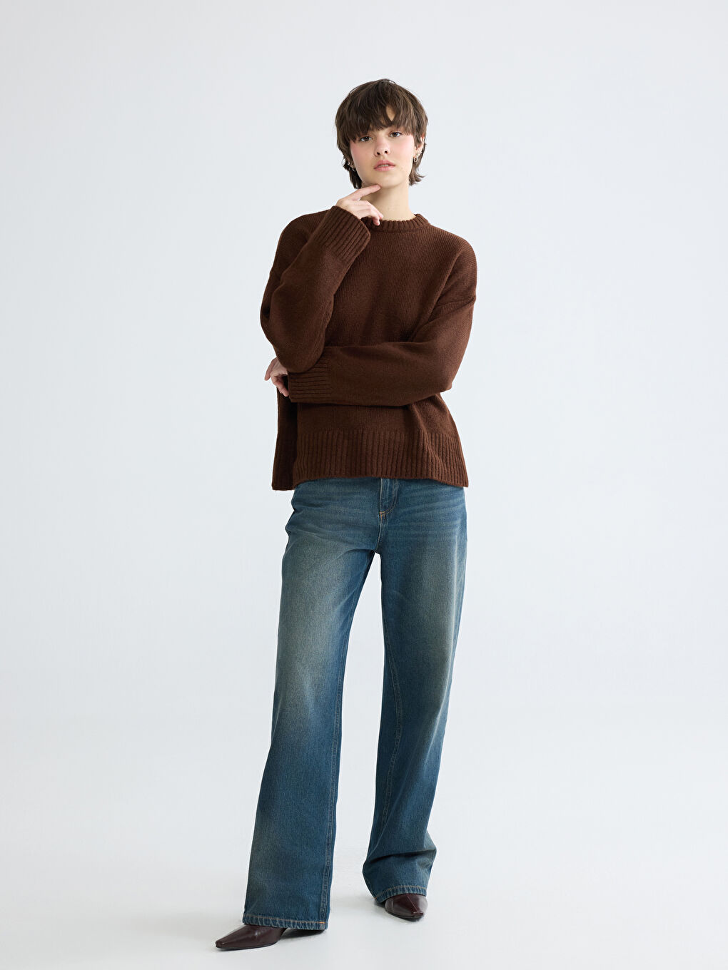 Kahverengi Bisiklet Yaka Kadın Triko Kazak-1