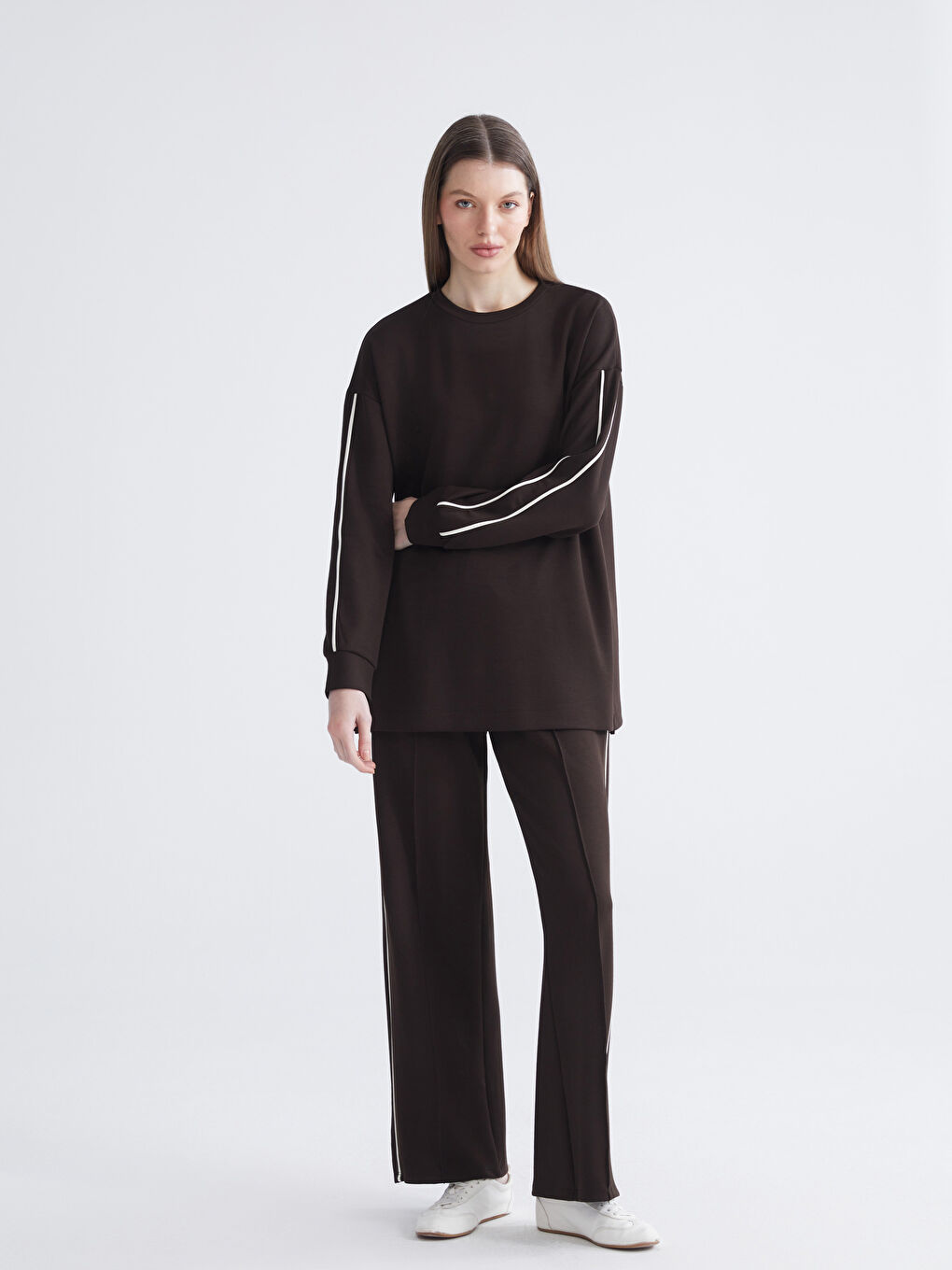 Kahverengi Bisiklet Yaka Oversize Kadın Sweatshirt Tunik-1