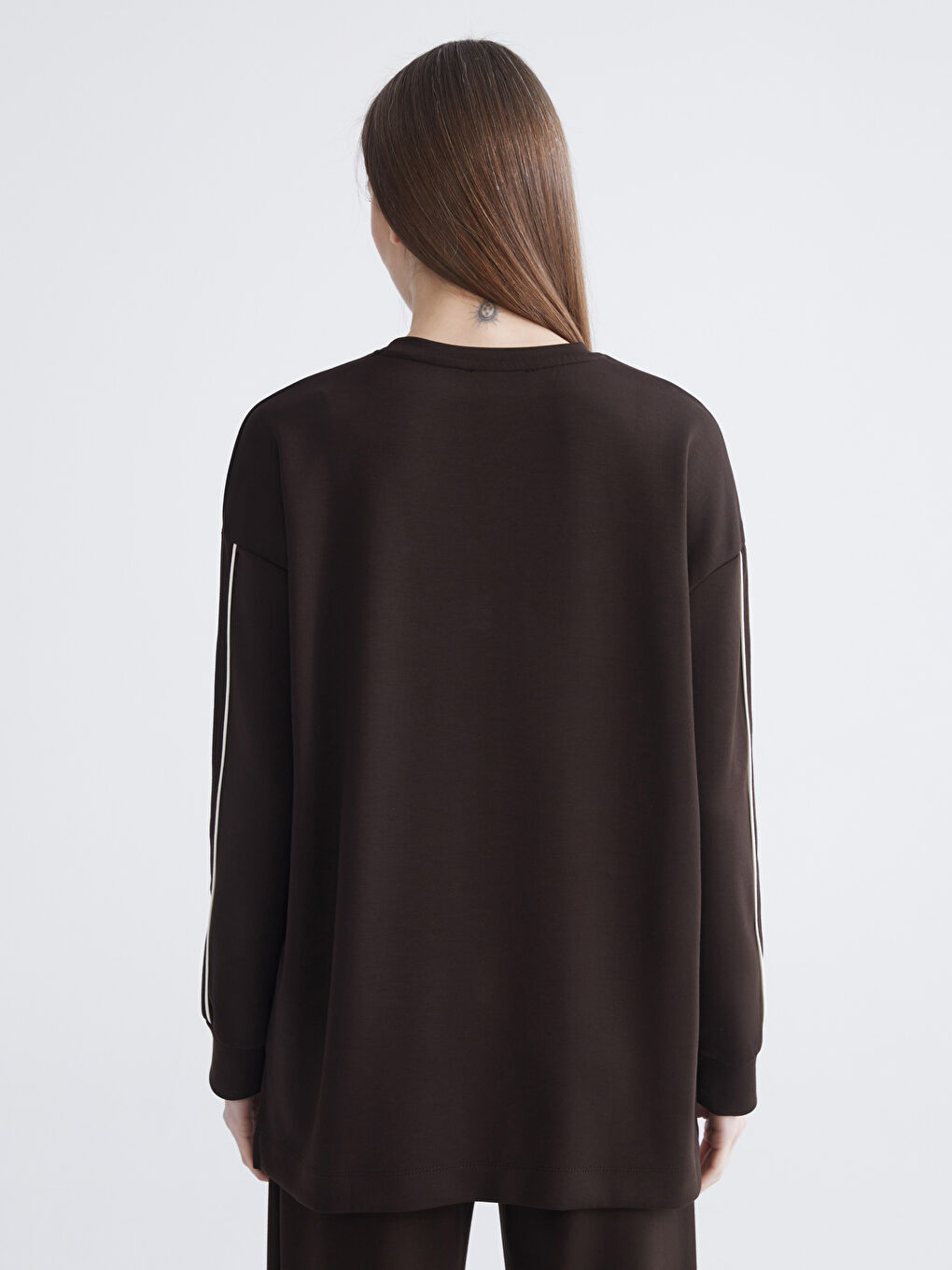 Kahverengi Bisiklet Yaka Oversize Kadın Sweatshirt Tunik-3