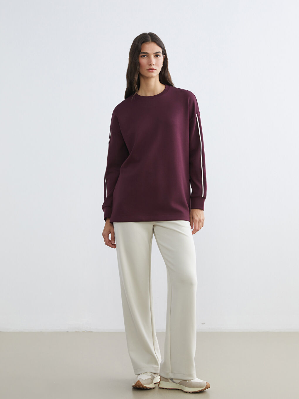 Mürdüm Bisiklet Yaka Oversize Kadın Sweatshirt Tunik-1