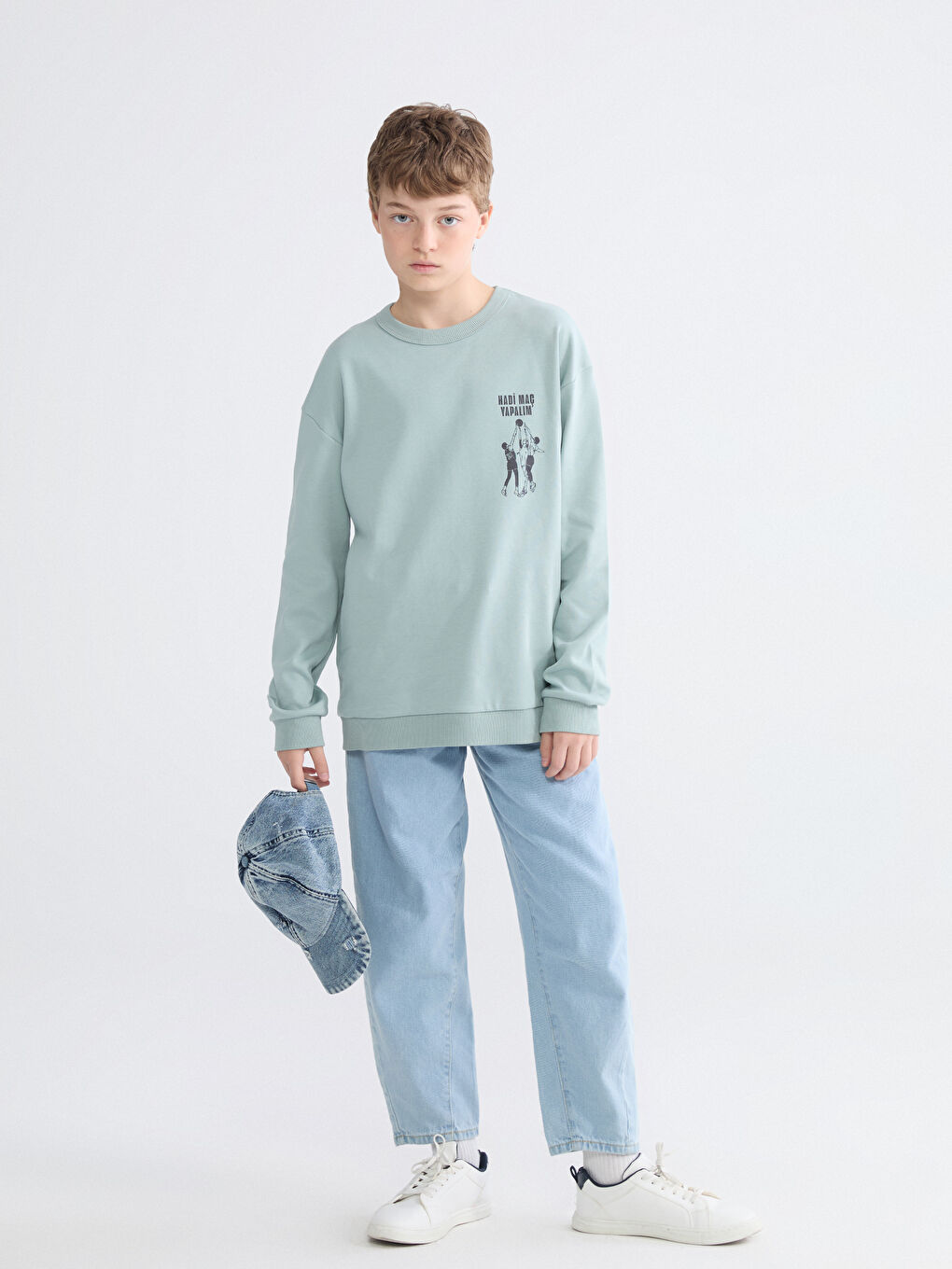 Yeşil Bisiklet Yaka Slogan Baskılı Erkek Çocuk Sweatshirt-1