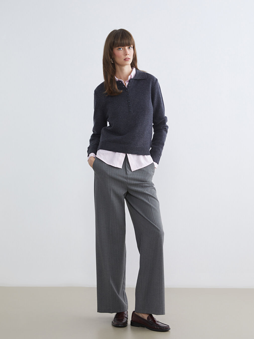 Antrasit Polo Yaka Kadın Triko Kazak-1