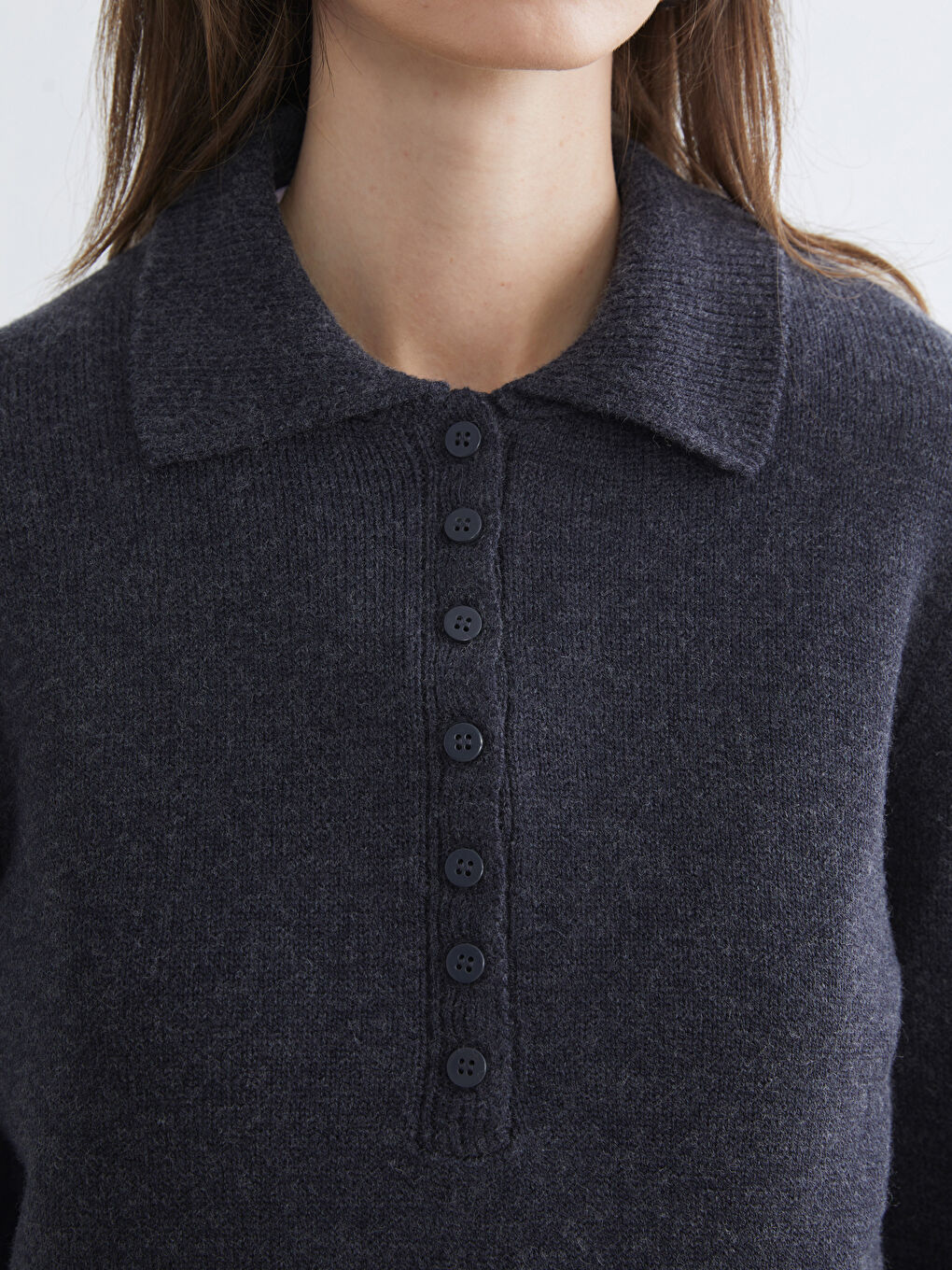 Antrasit Polo Yaka Kadın Triko Kazak-2