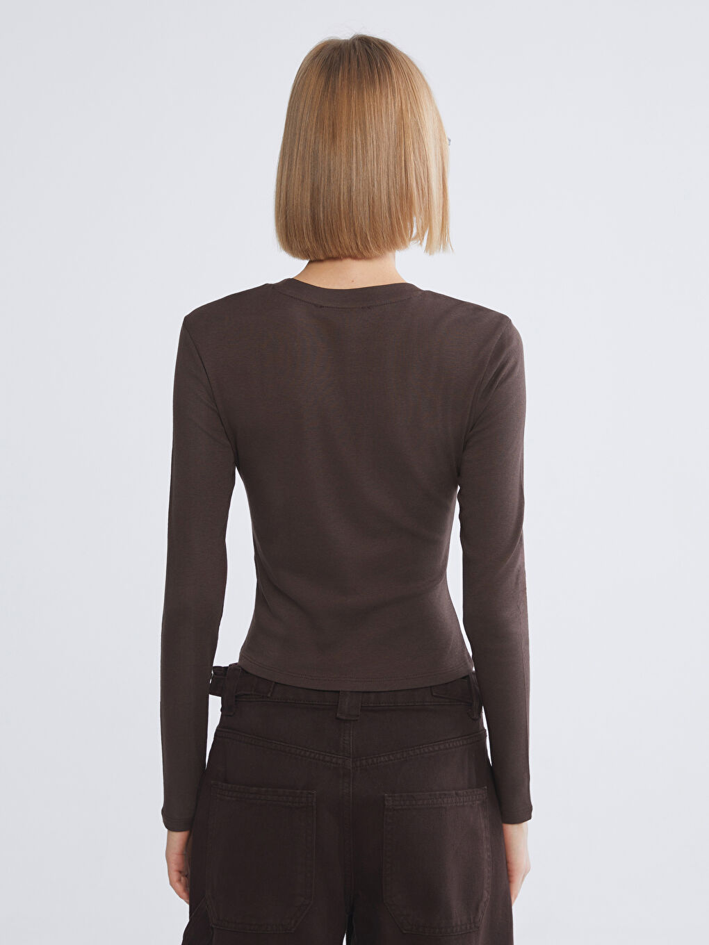 Kahverengi Bisiklet Yaka Modal Karışımlı Kadın Body-3