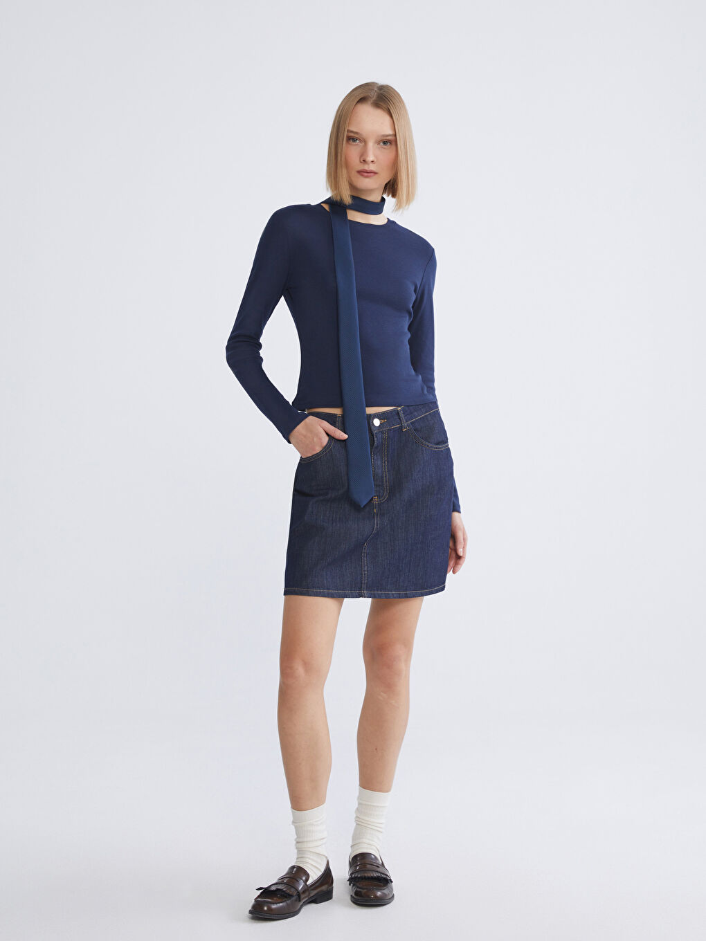 Lacivert Bisiklet Yaka Modal Karışımlı Kadın Body-1