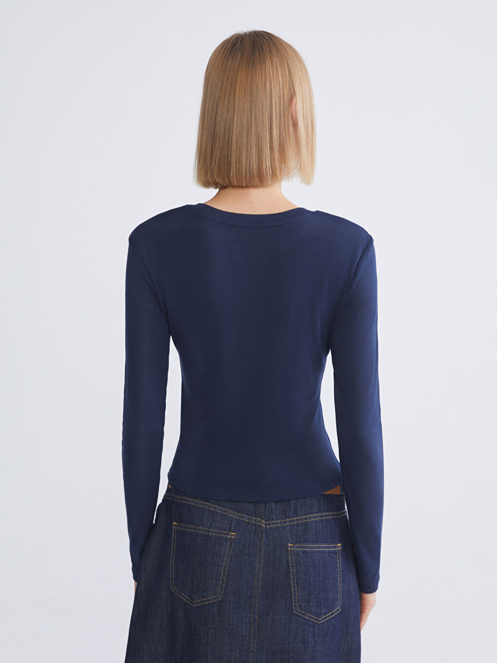 Lacivert Bisiklet Yaka Modal Karışımlı Kadın Body-3