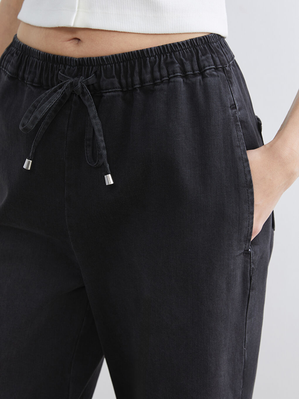 Siyah Beli Lastikli Wideleg Kadın Jean Pantolon-2