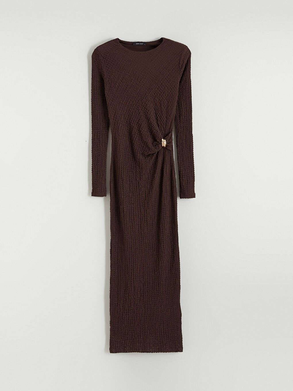 Kahverengi Bisiklet Yaka Dokulu Büzgülü Elbise-4