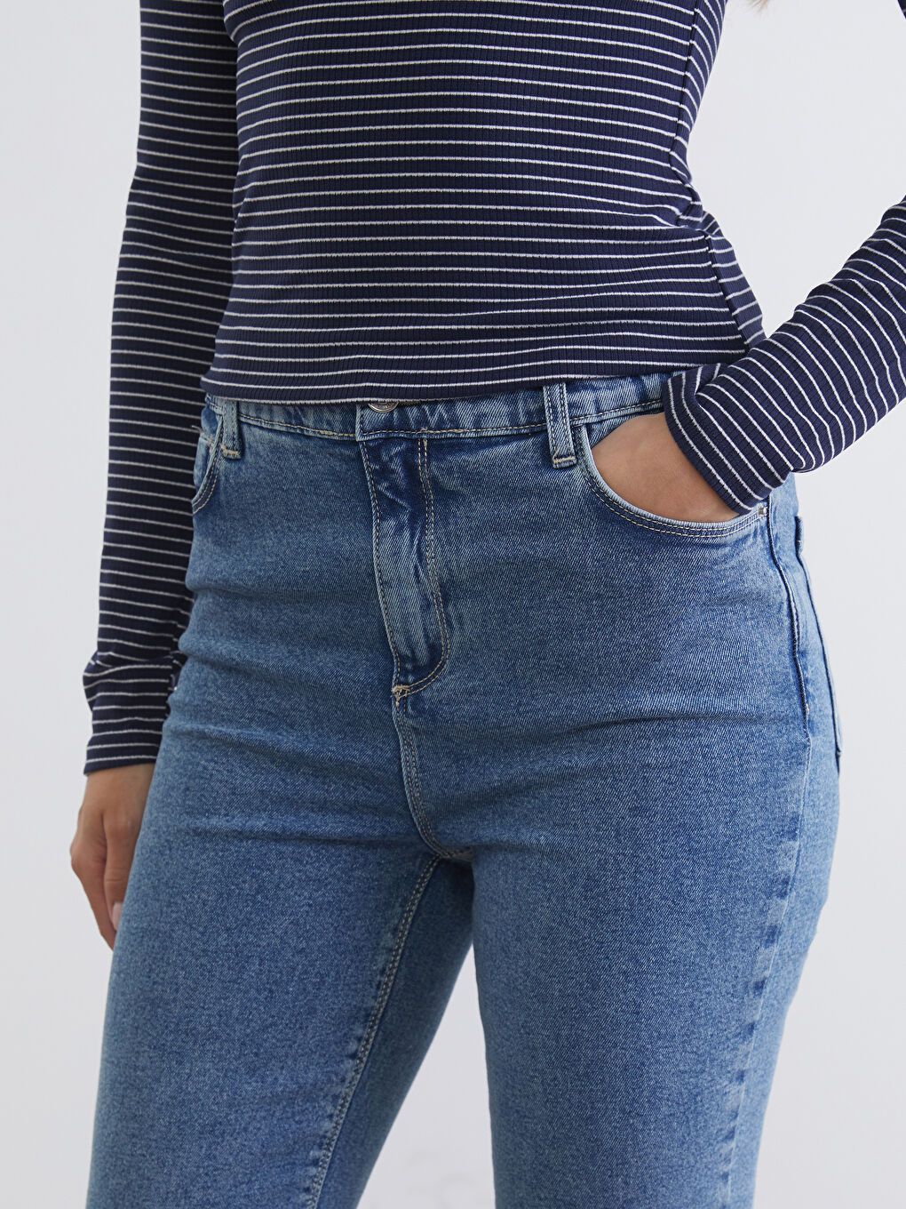 İndigo Beli Lastikli Slim Fit Kadın Jean Pantolon-2