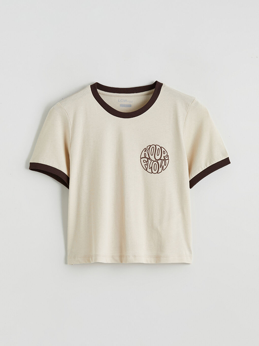 Bej Bisiklet Yaka Baskılı Kadın Spor Tişört-4