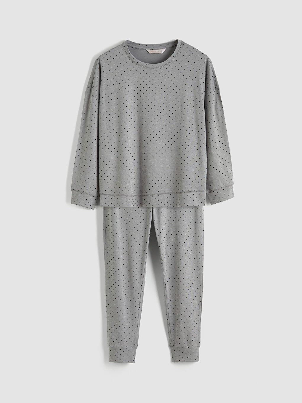 Gri Bisiklet Yaka Puantiyeli Kadın Pijama Takımı-4