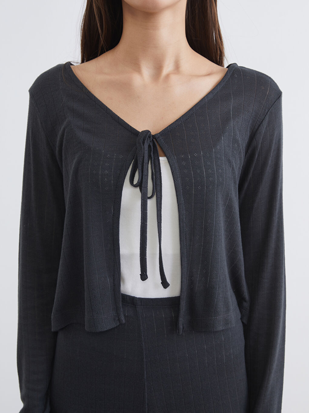 Antrasit Bağlamalı Yaka Dokulu Kadın Pijama Takımı-2