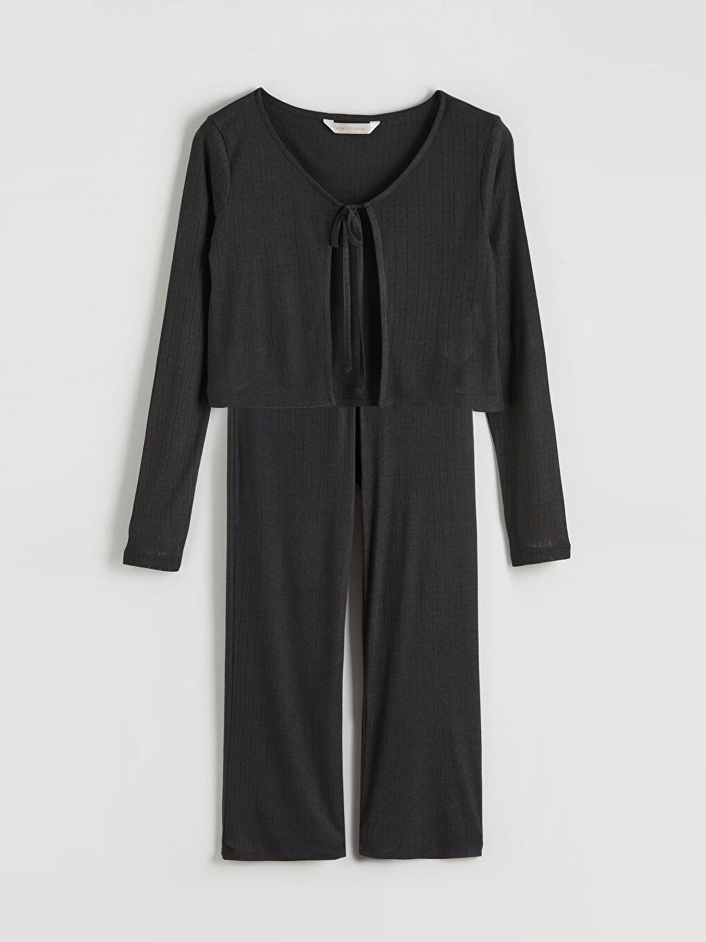 Antrasit Bağlamalı Yaka Dokulu Kadın Pijama Takımı-4