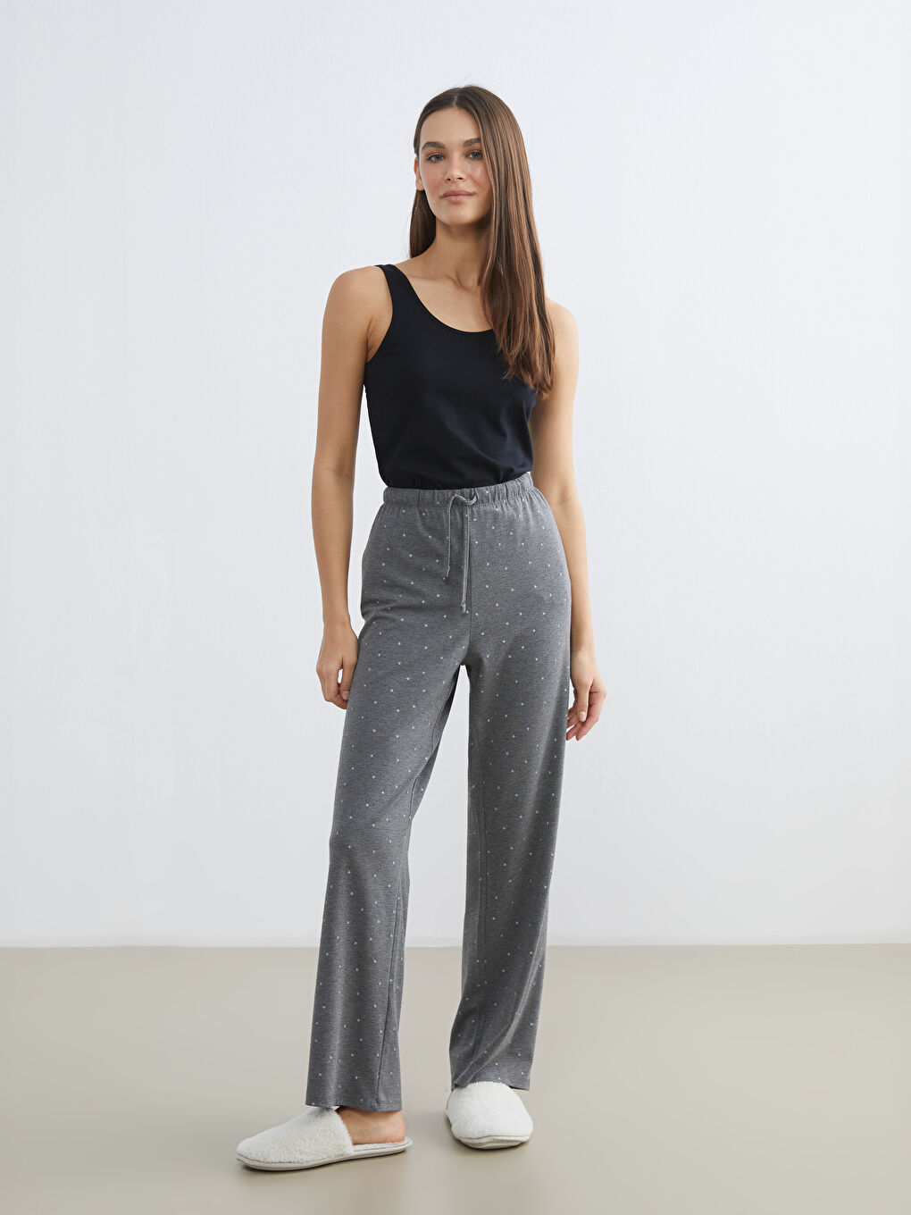 Gri Beli Lastikli Puantiyeli Kadın Pijama Altı