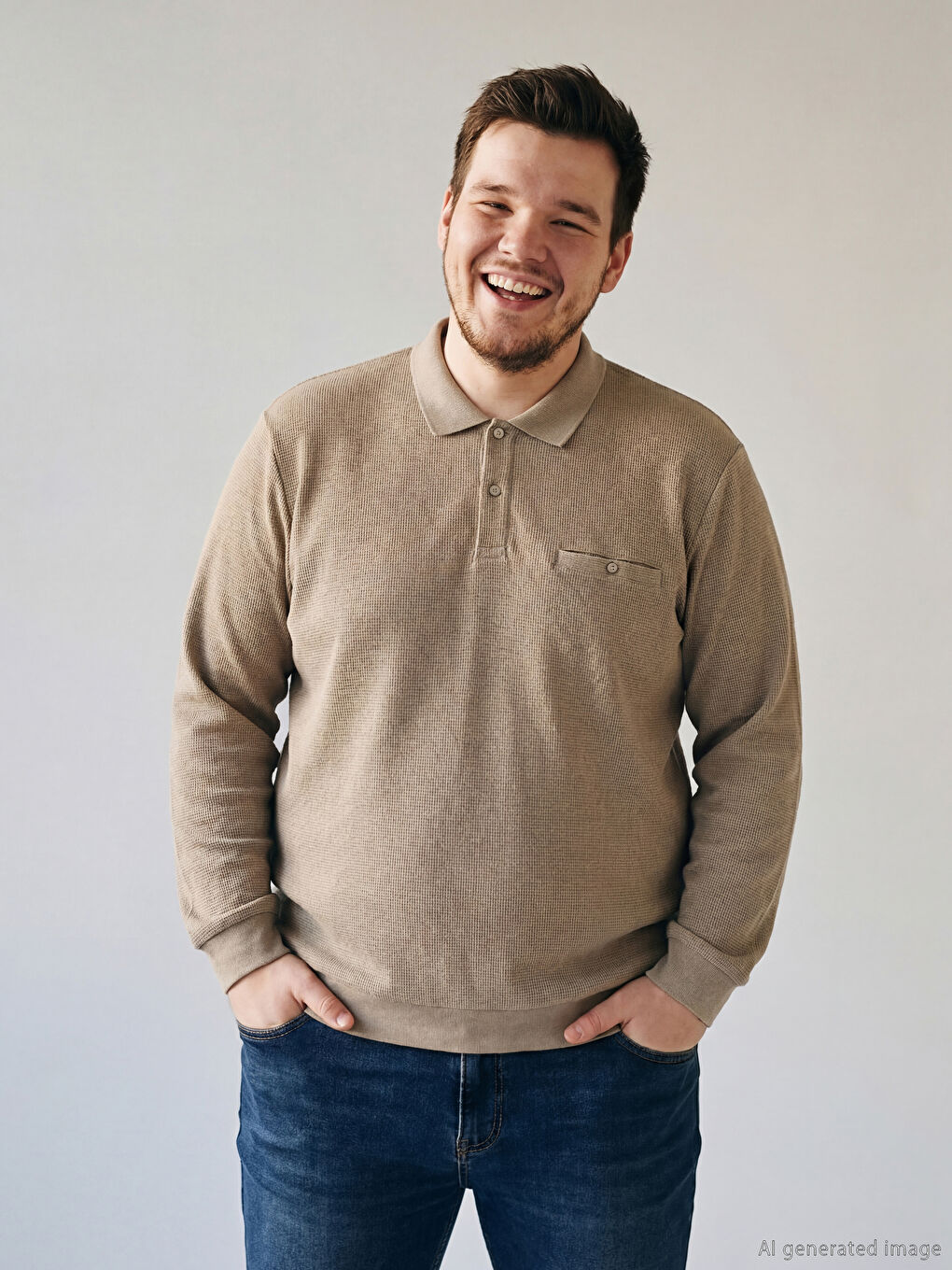 Bej Büyük Beden Polo Yaka Erkek Sweatshirt