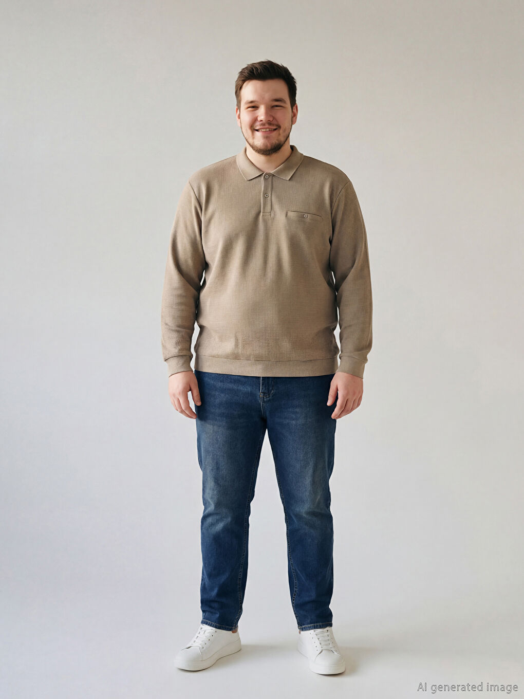 Bej Büyük Beden Polo Yaka Erkek Sweatshirt-1