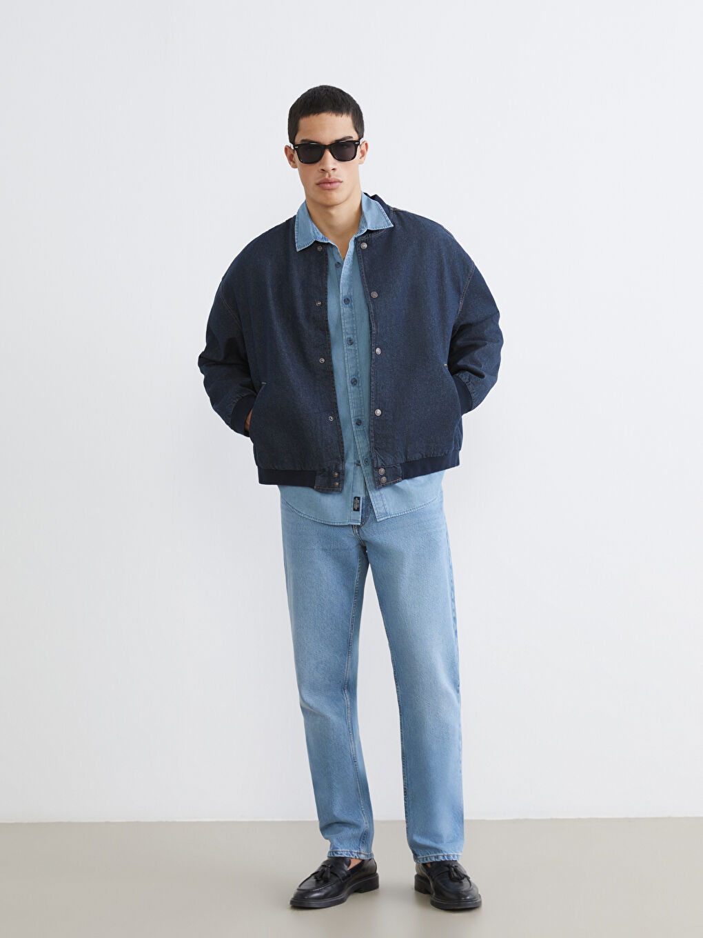 İndigo Rahat Kalıp Kolej Yaka Erkek Bomber Jean Ceket-1