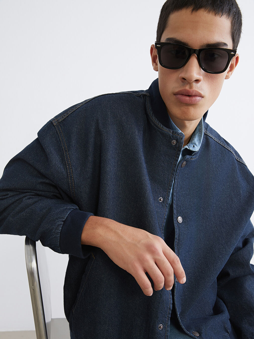 İndigo Rahat Kalıp Kolej Yaka Erkek Bomber Jean Ceket-2