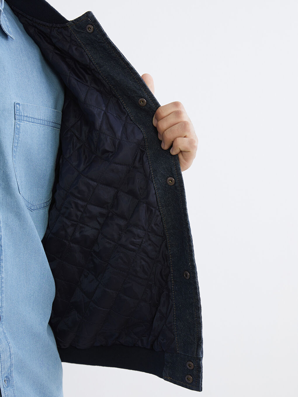 İndigo Rahat Kalıp Kolej Yaka Erkek Bomber Jean Ceket-3