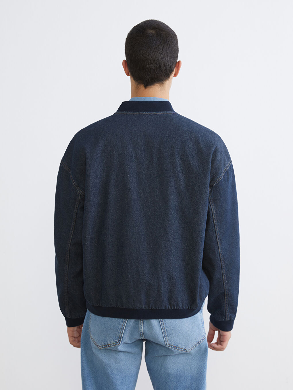 İndigo Rahat Kalıp Kolej Yaka Erkek Bomber Jean Ceket-4
