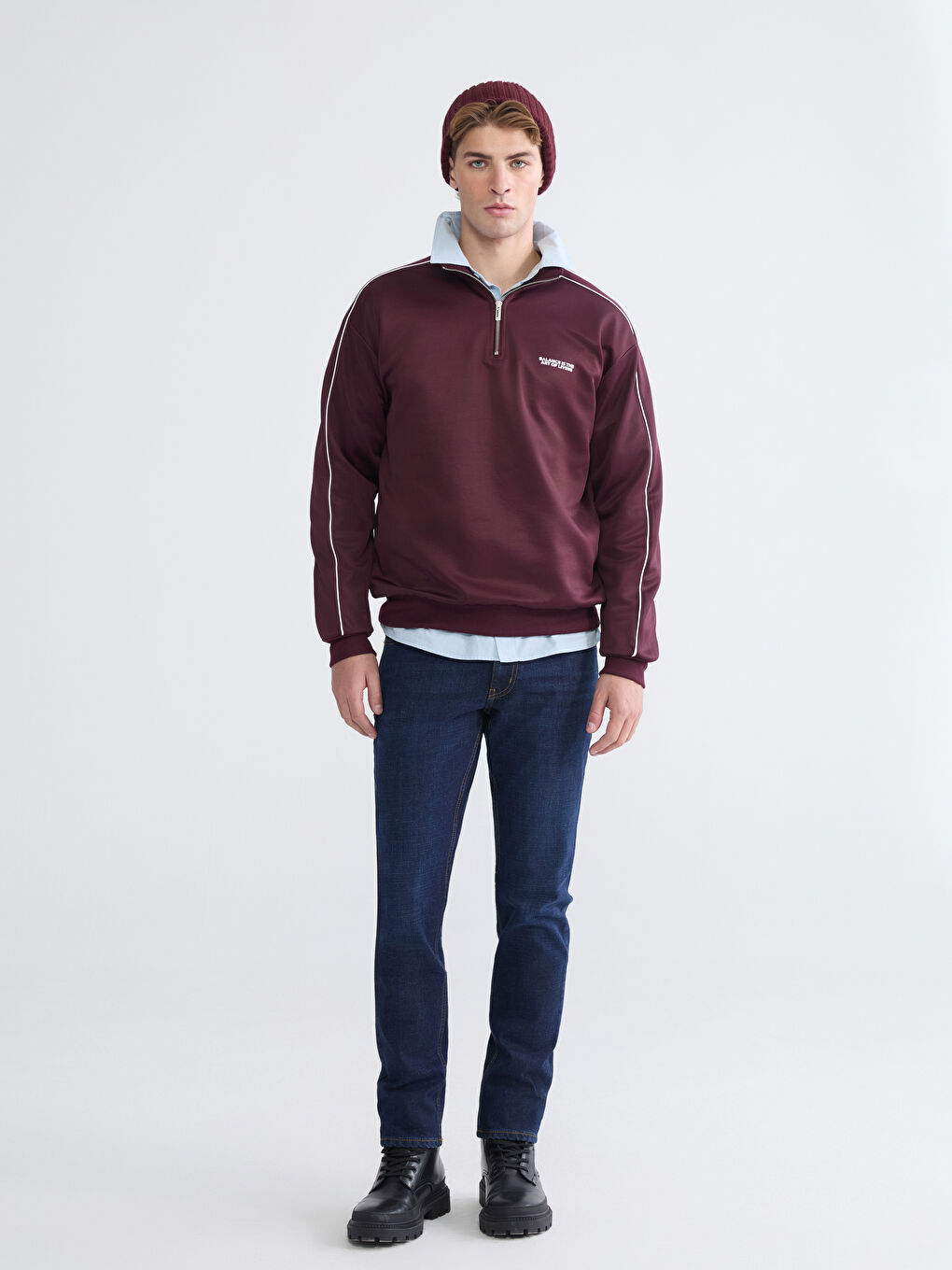 Mürdüm Dik Yaka Baskılı Erkek Sweatshirt-1