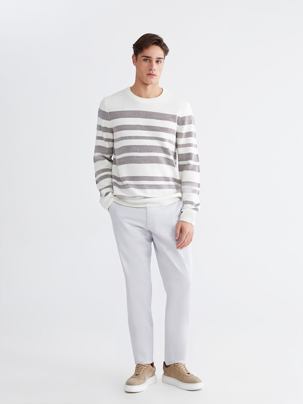 Ekru Bisiklet Yaka Çizgili Erkek Triko Kazak-1