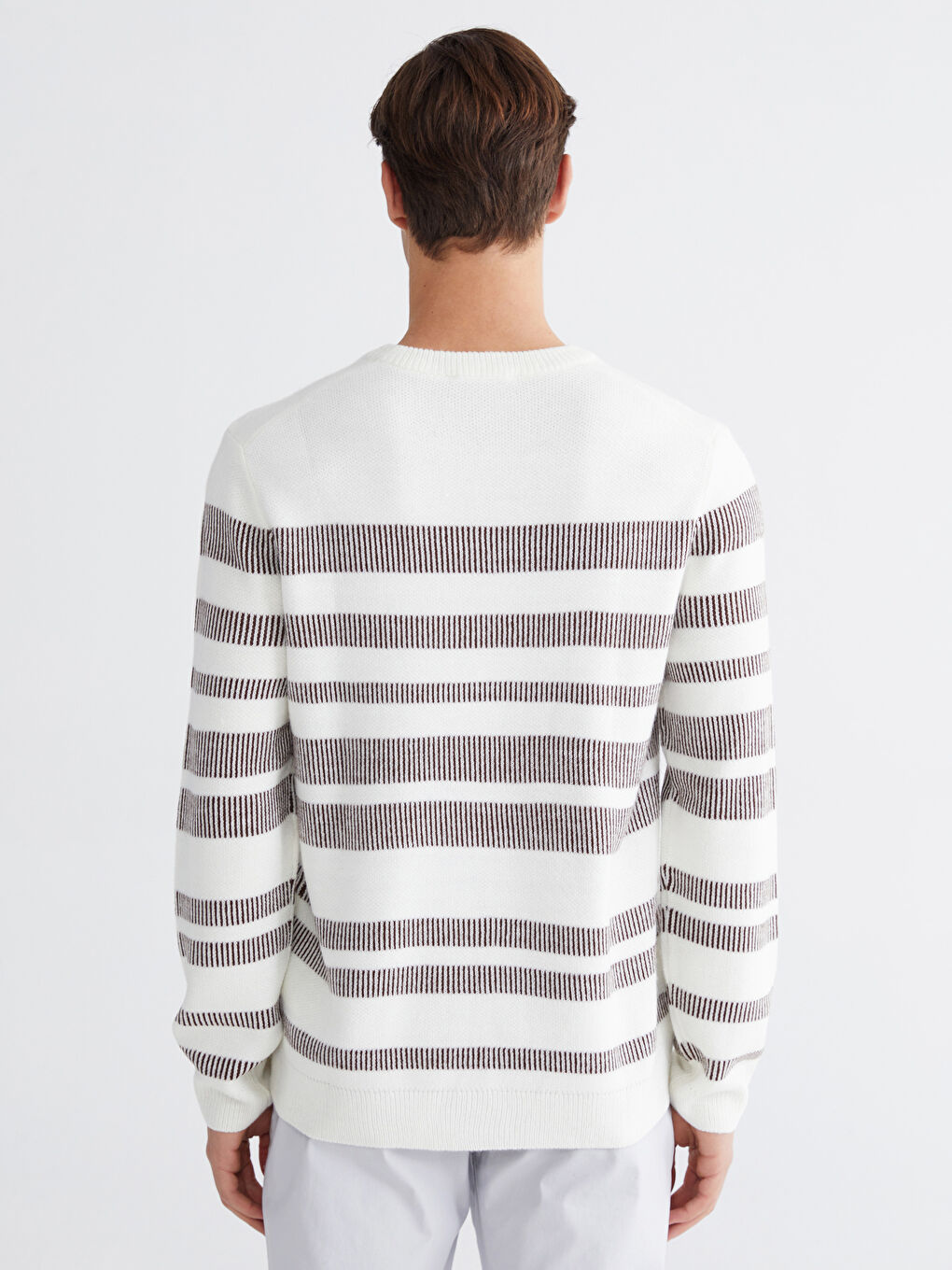 Ekru Bisiklet Yaka Çizgili Erkek Triko Kazak-3