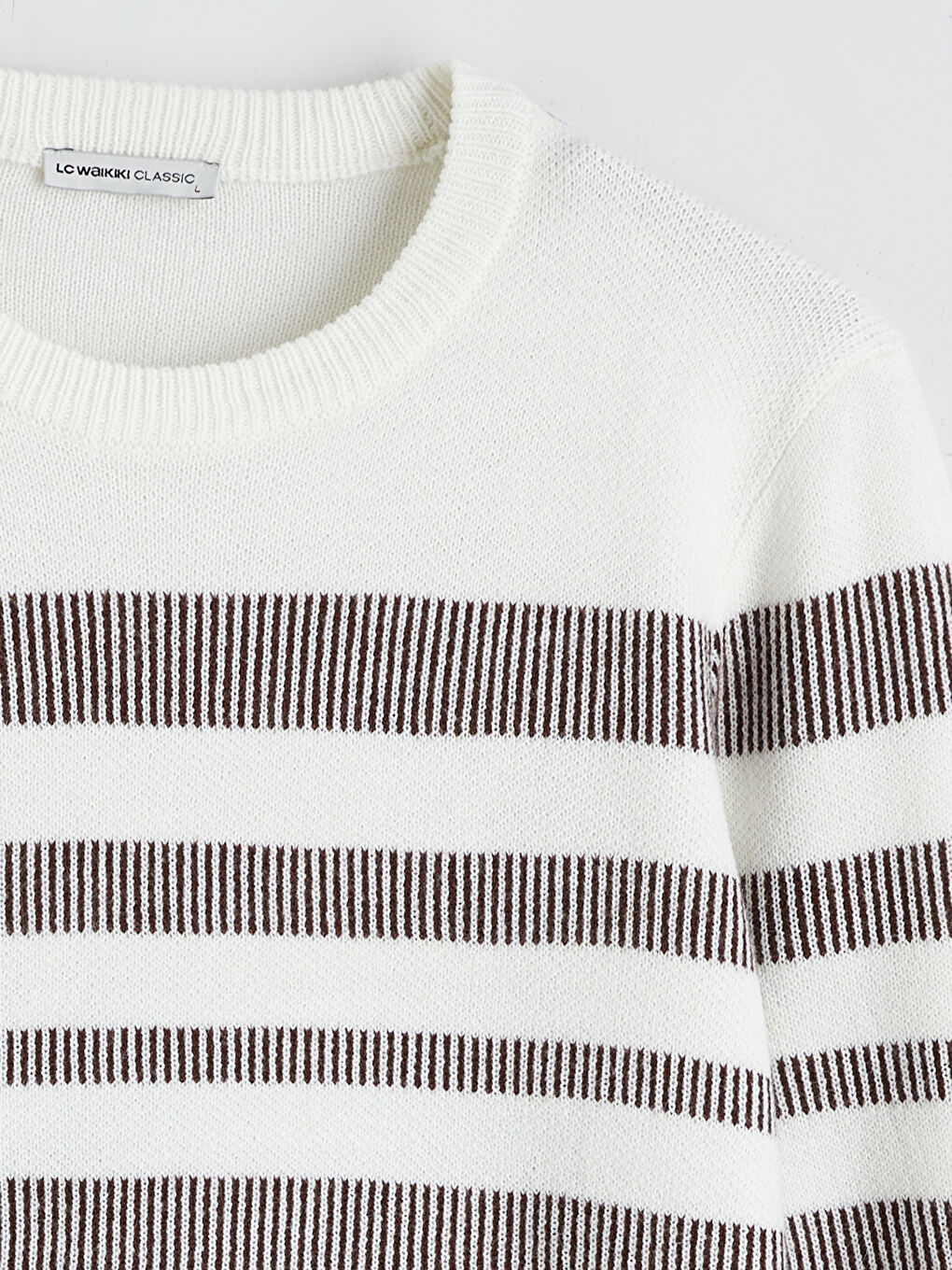 Ekru Bisiklet Yaka Çizgili Erkek Triko Kazak-5
