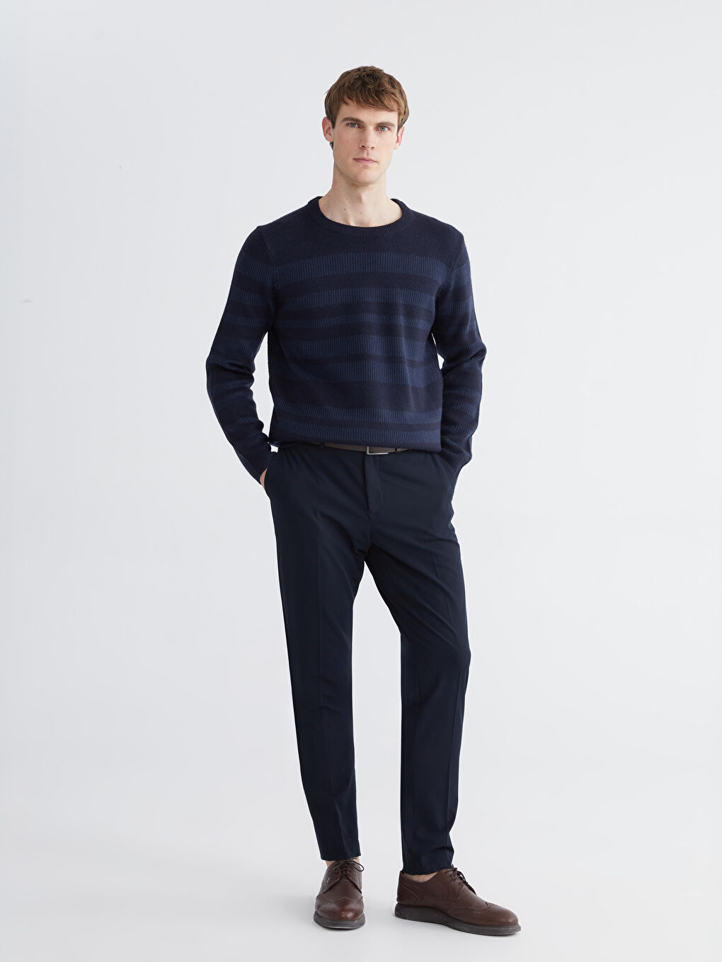 Lacivert Bisiklet Yaka Çizgili Erkek Triko Kazak-1