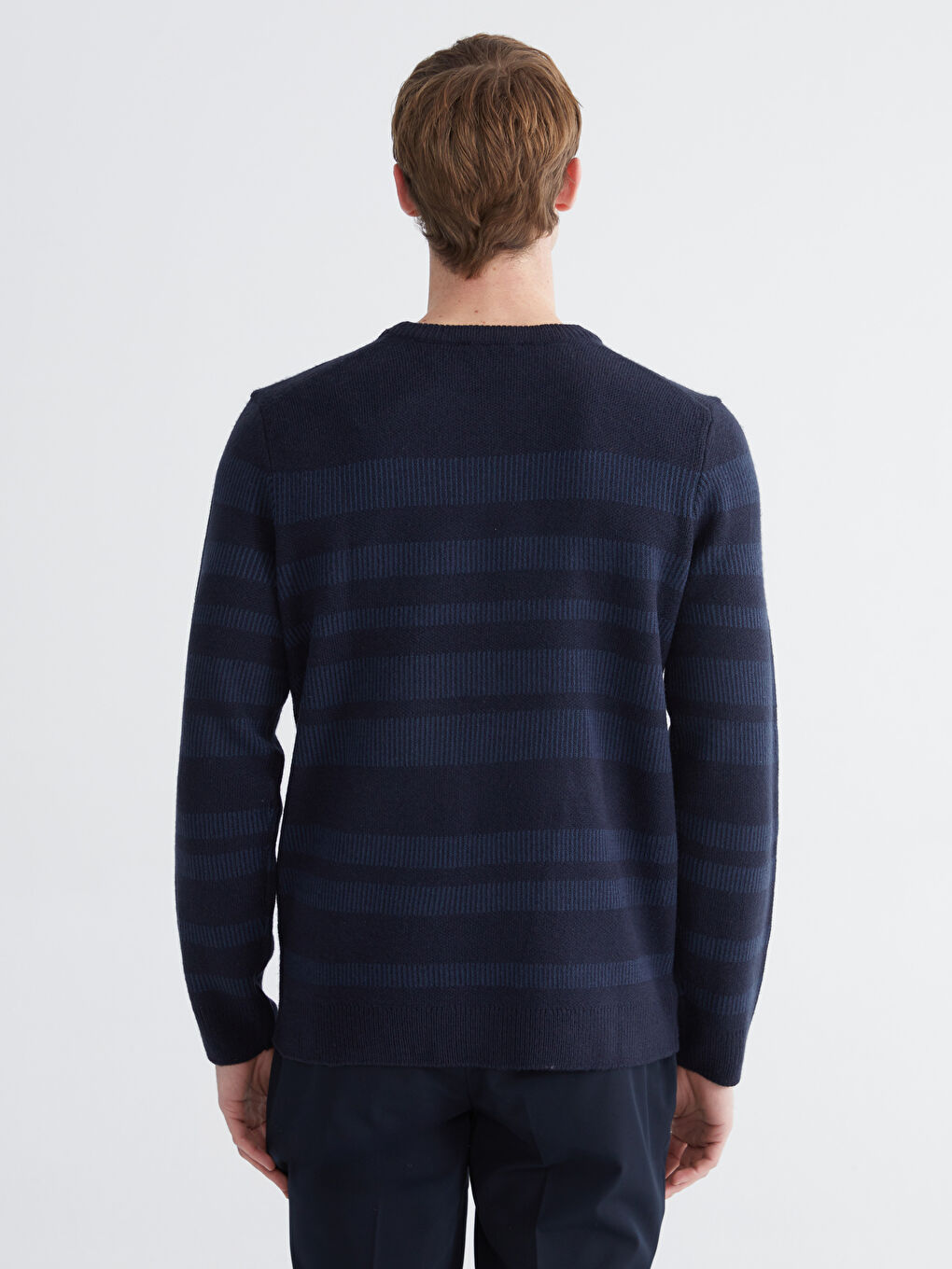 Lacivert Bisiklet Yaka Çizgili Erkek Triko Kazak-3