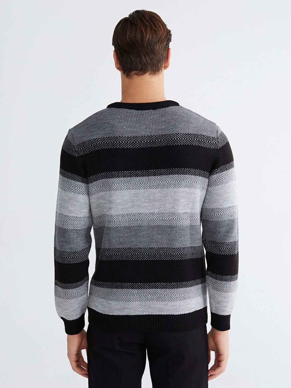 Siyah Bisiklet Yaka Çizgili Erkek Triko Kazak-3