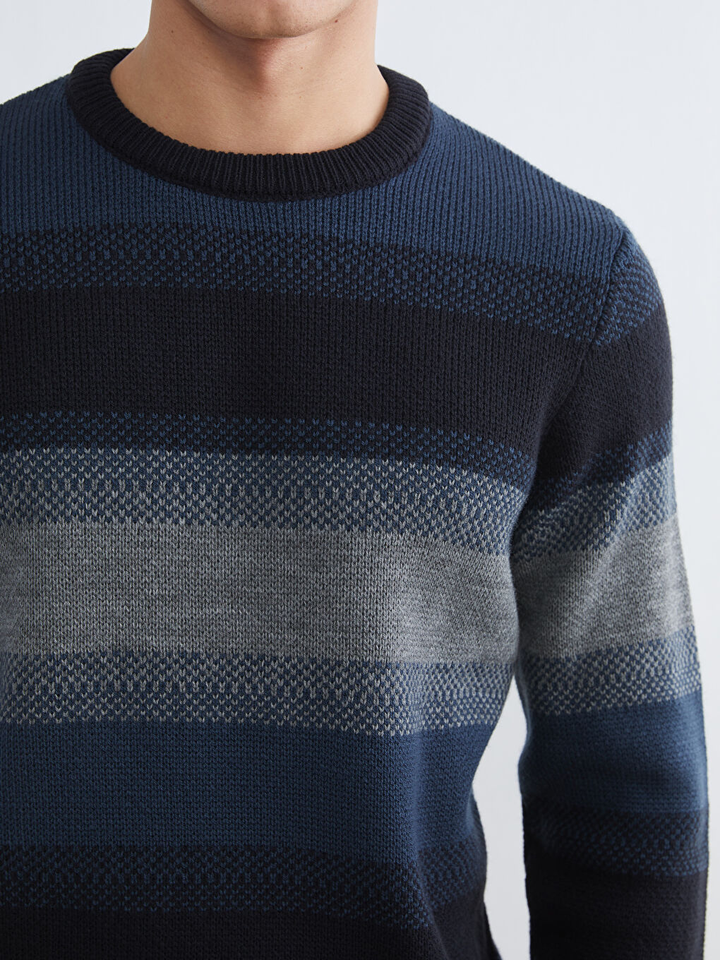 Lacivert Bisiklet Yaka Çizgili Erkek Triko Kazak-2