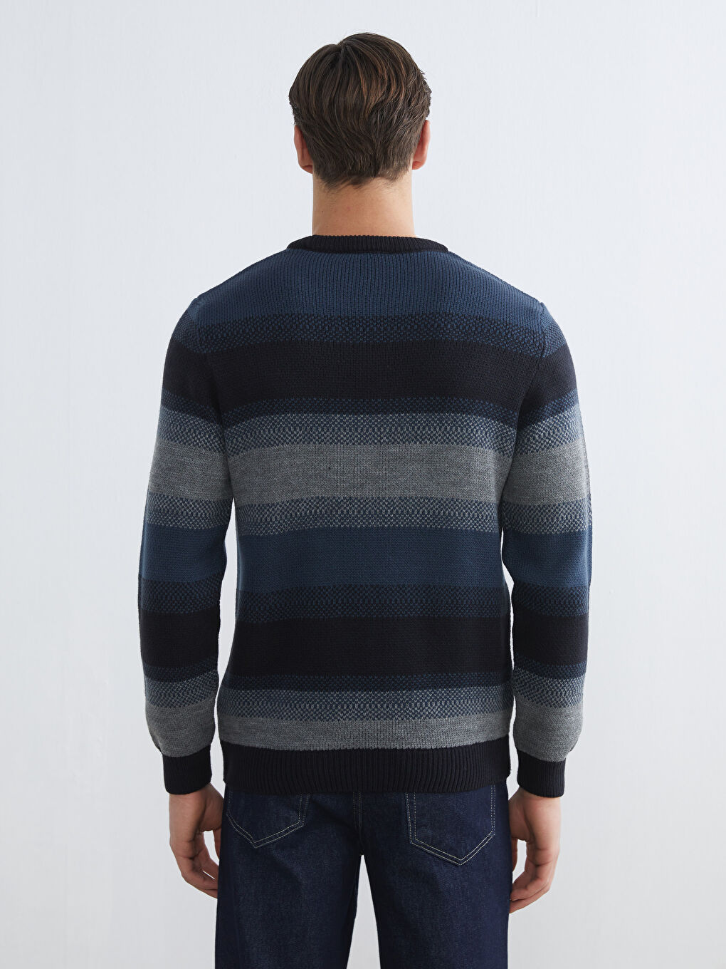 Lacivert Bisiklet Yaka Çizgili Erkek Triko Kazak-3