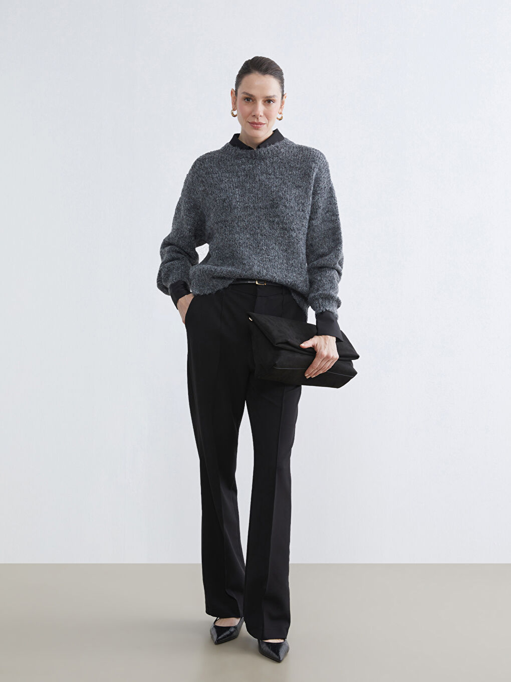 Antrasit Bisiklet Yaka Kadın Triko Kazak-1