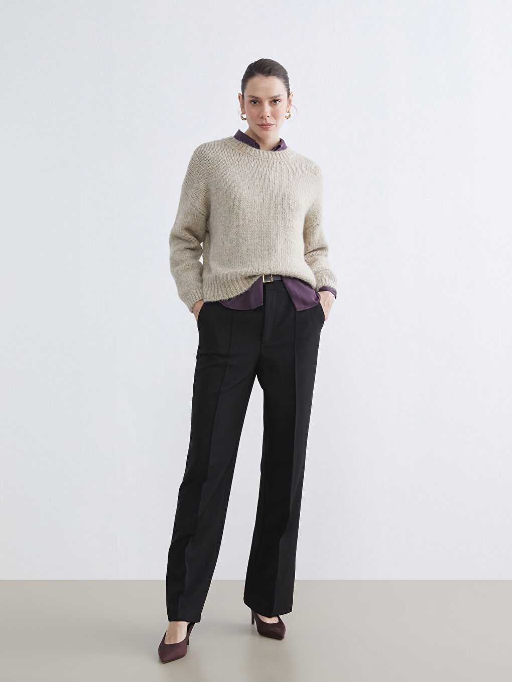 Bej Bisiklet Yaka Kadın Triko Kazak-1