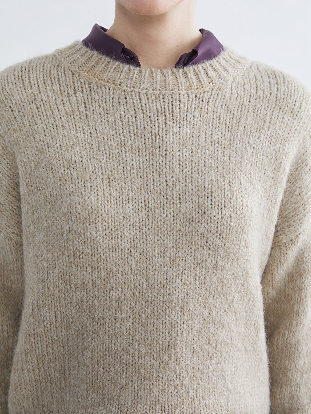 Bej Bisiklet Yaka Kadın Triko Kazak-2