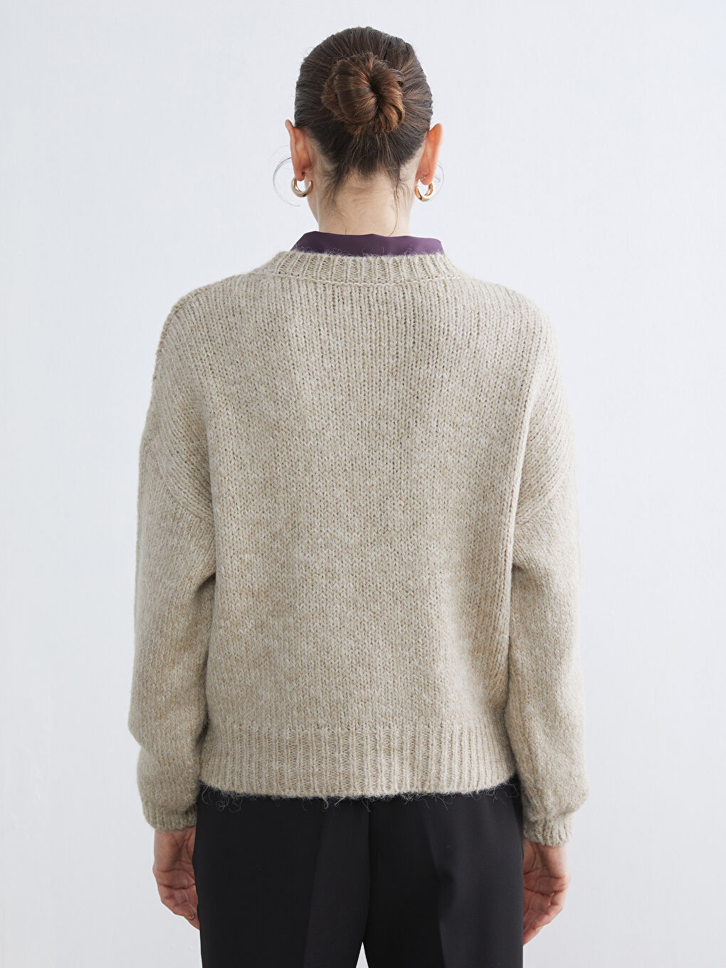 Bej Bisiklet Yaka Kadın Triko Kazak-3