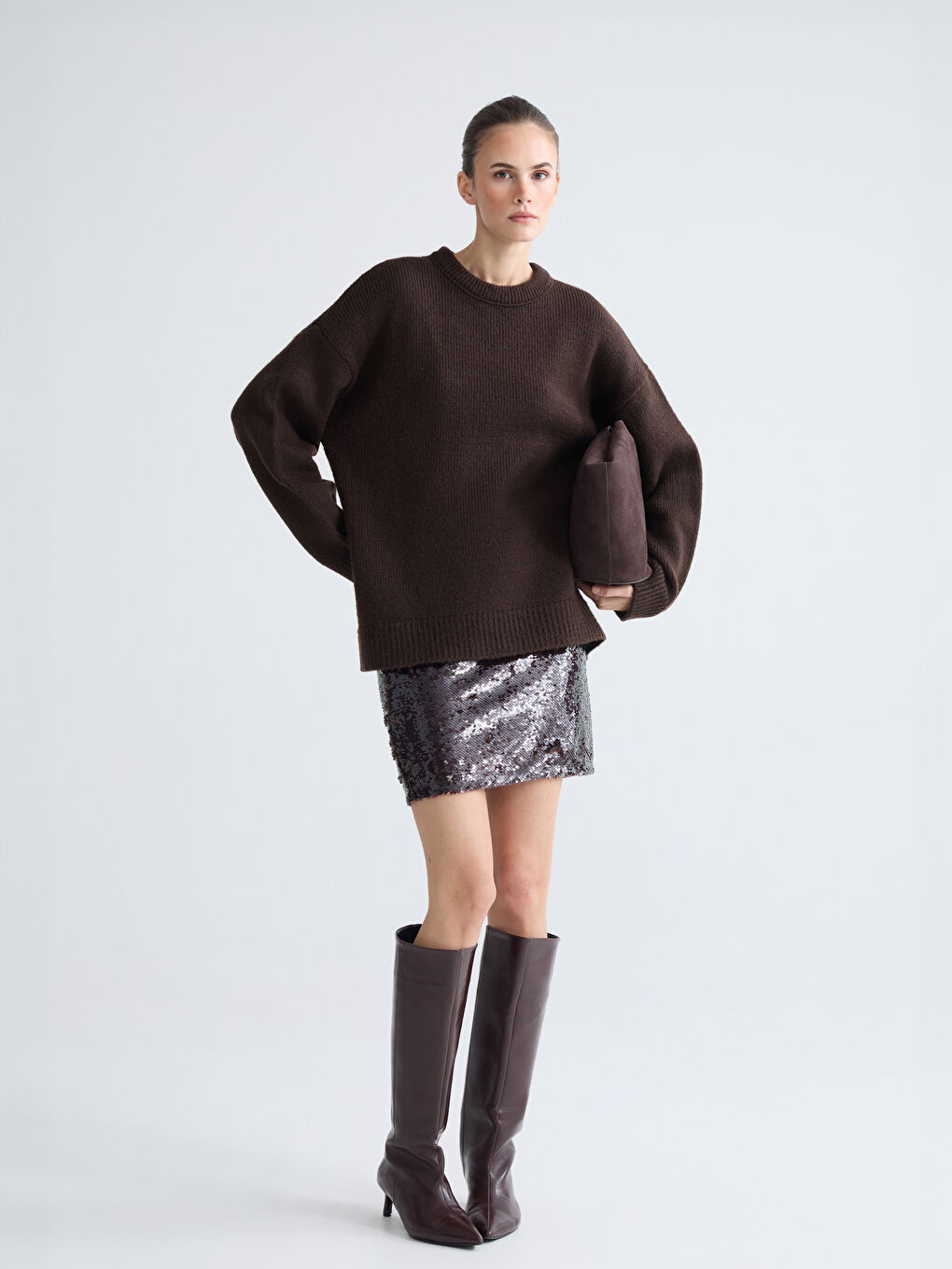 Kahverengi Bisiklet Yaka Kadın Triko Kazak-1