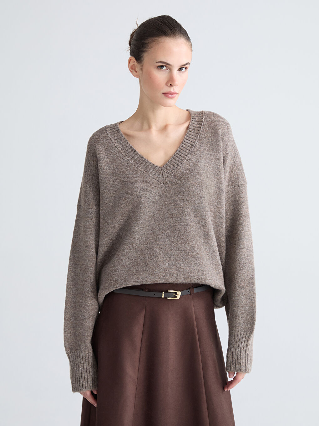Свитер из трикотажа с V-образным вырезом, оверсайз, для женщин-1