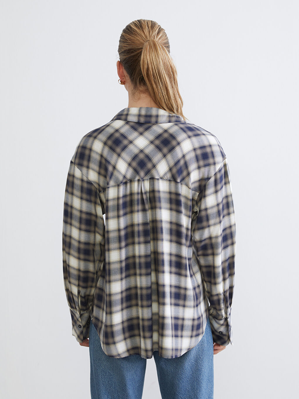 Lacivert Ekose Kadın Gömlek-3