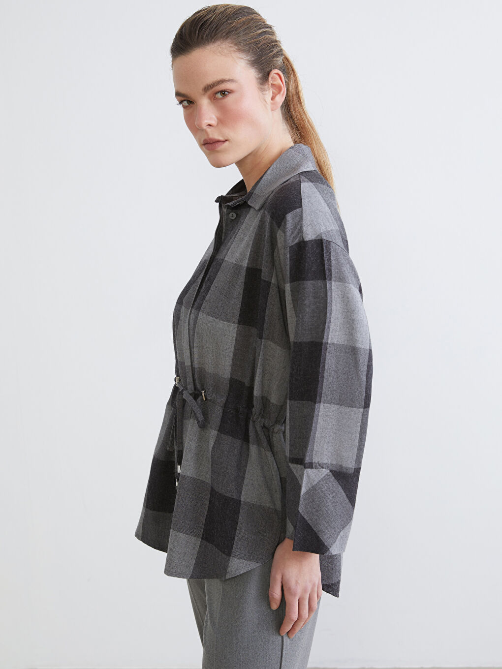 Gri Ekose Oversize Kadın Gömlek